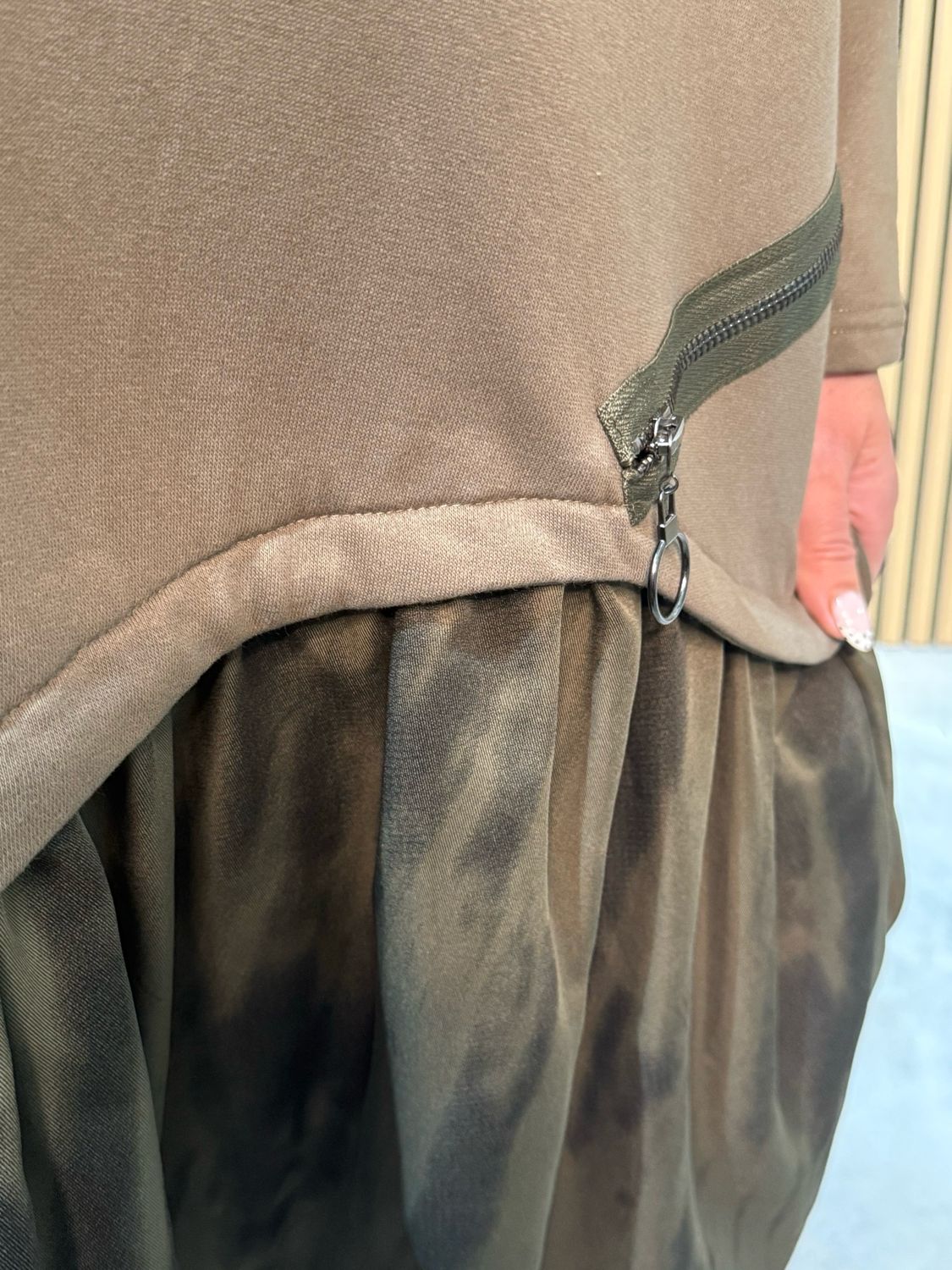 Khaki Contrast Hem Hoodie Dress