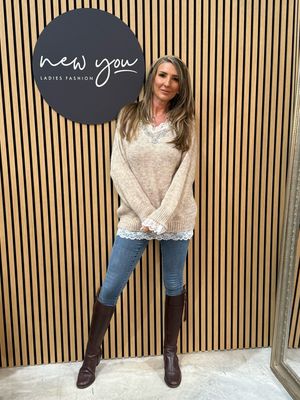 Lace Trim Knit Sweater - Beige