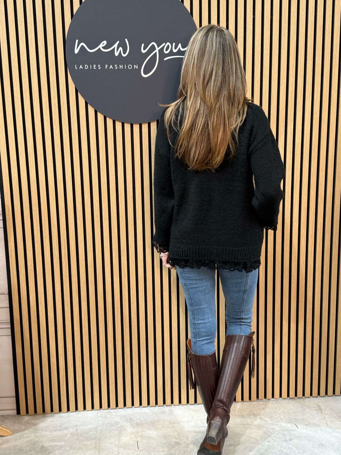 Lace Trim Knit Sweater - Black