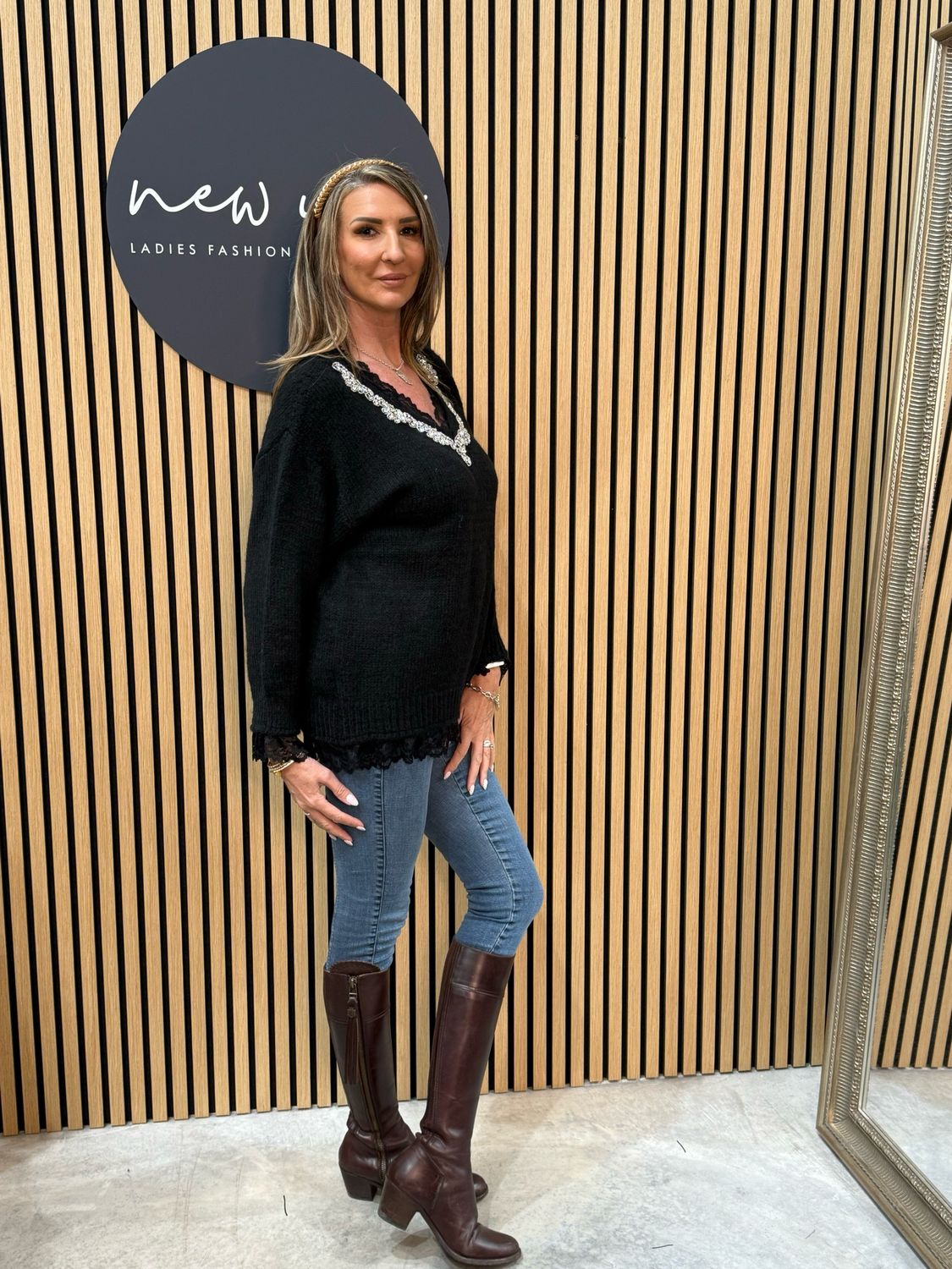 Lace Trim Knit Sweater - Black