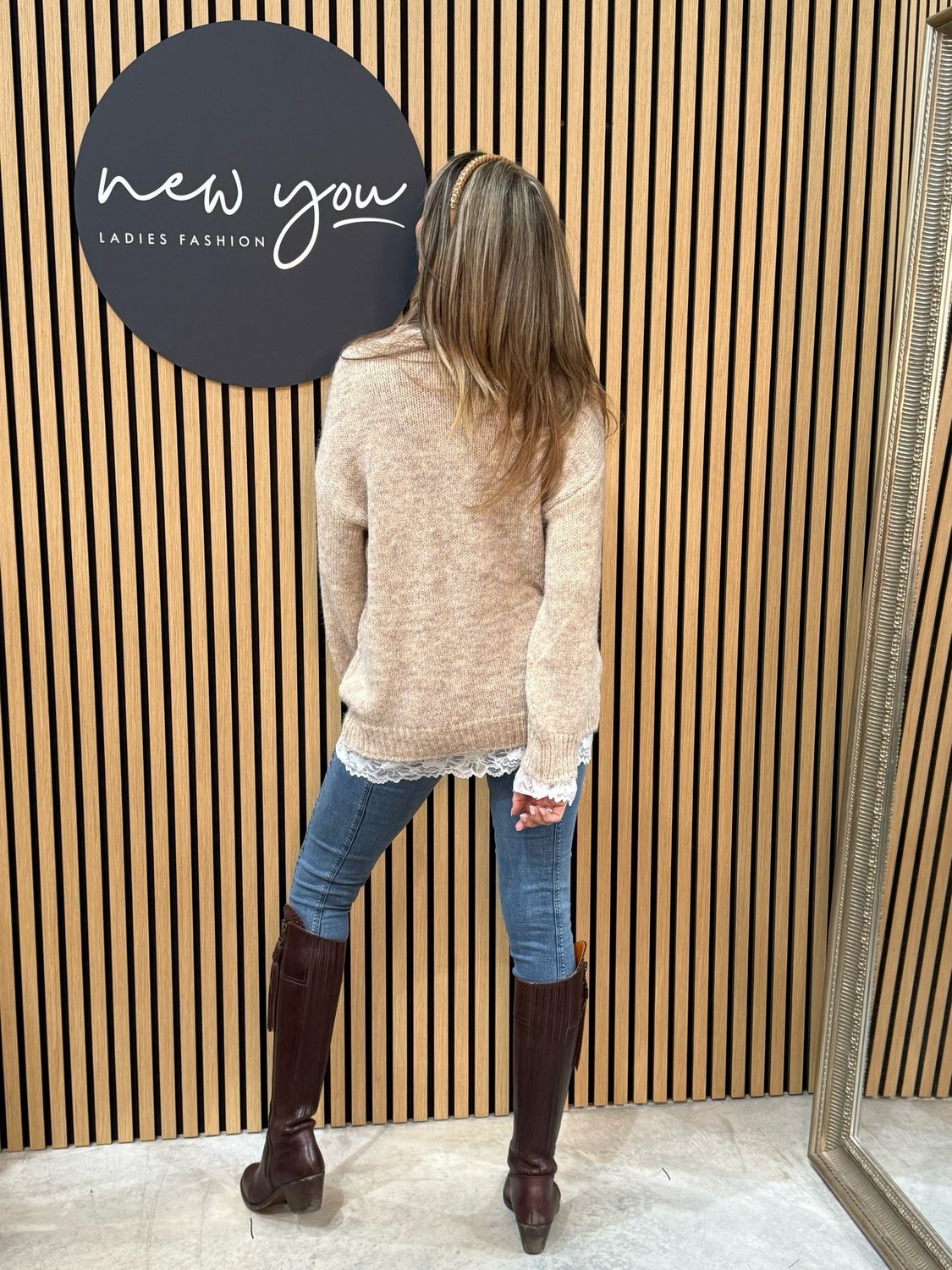 Lace Trim Knit Sweater - Beige