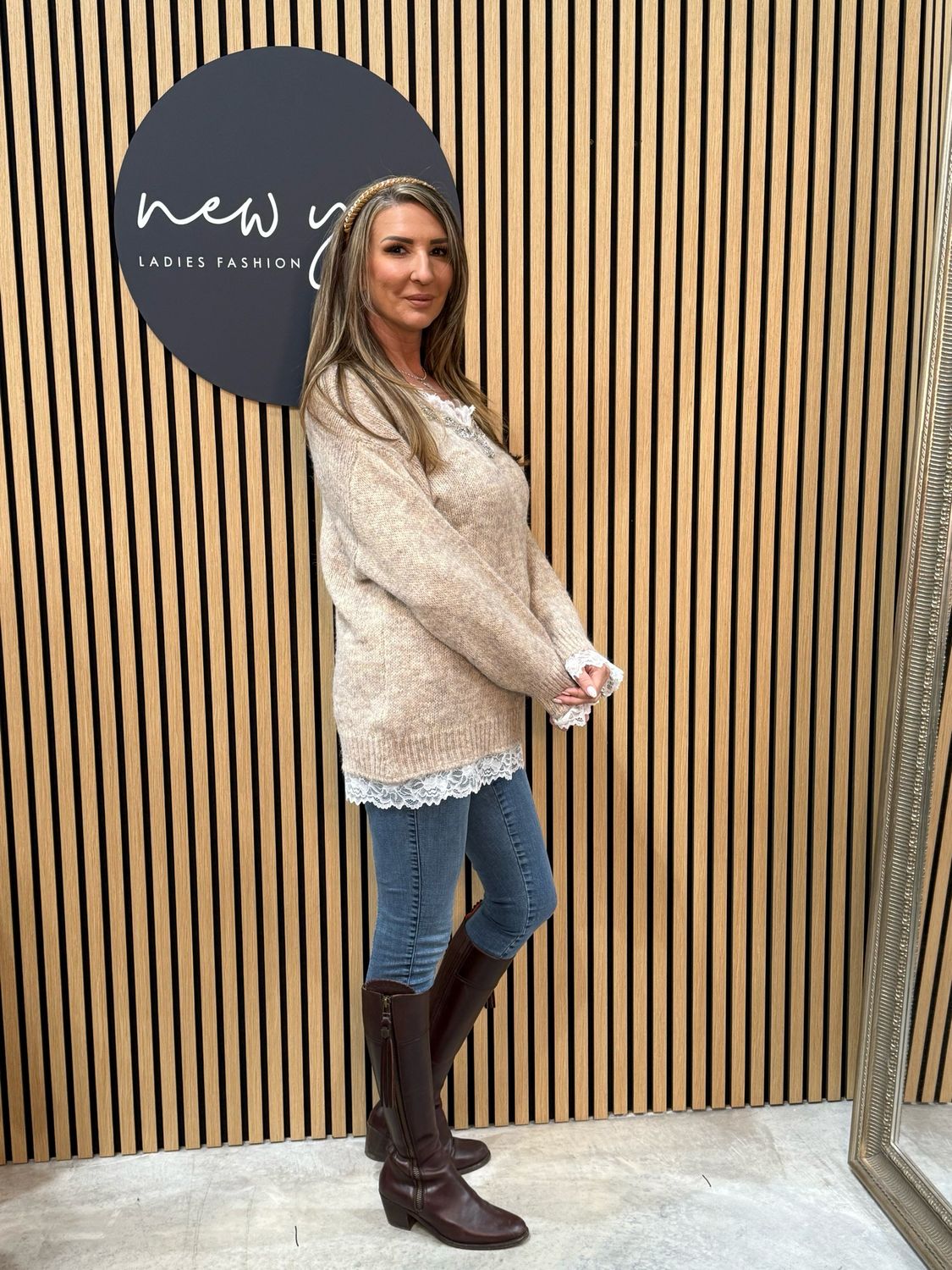Lace Trim Knit Sweater - Beige