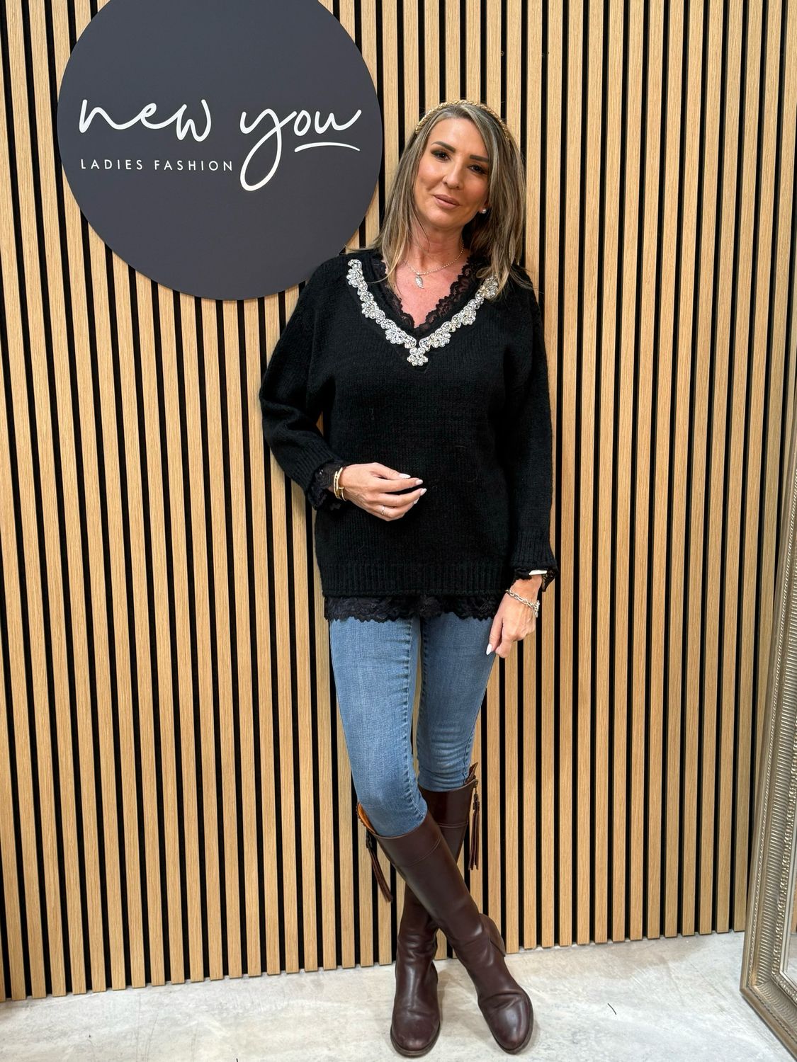 Lace Trim Knit Sweater - Black