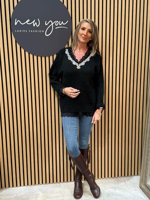 Lace Trim Knit Sweater - Black
