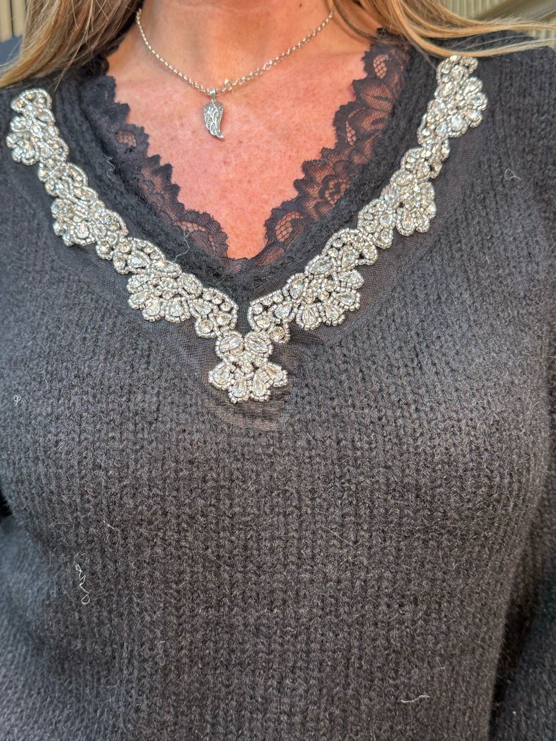 Lace Trim Knit Sweater - Black