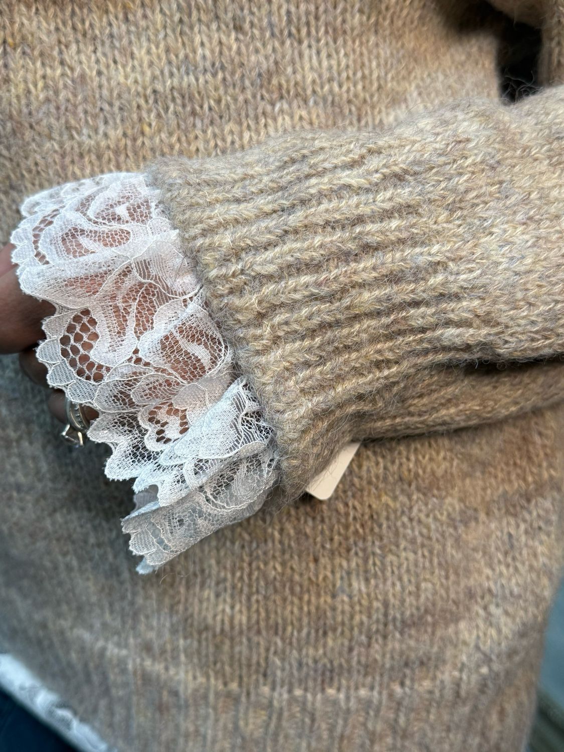 Lace Trim Knit Sweater - Beige