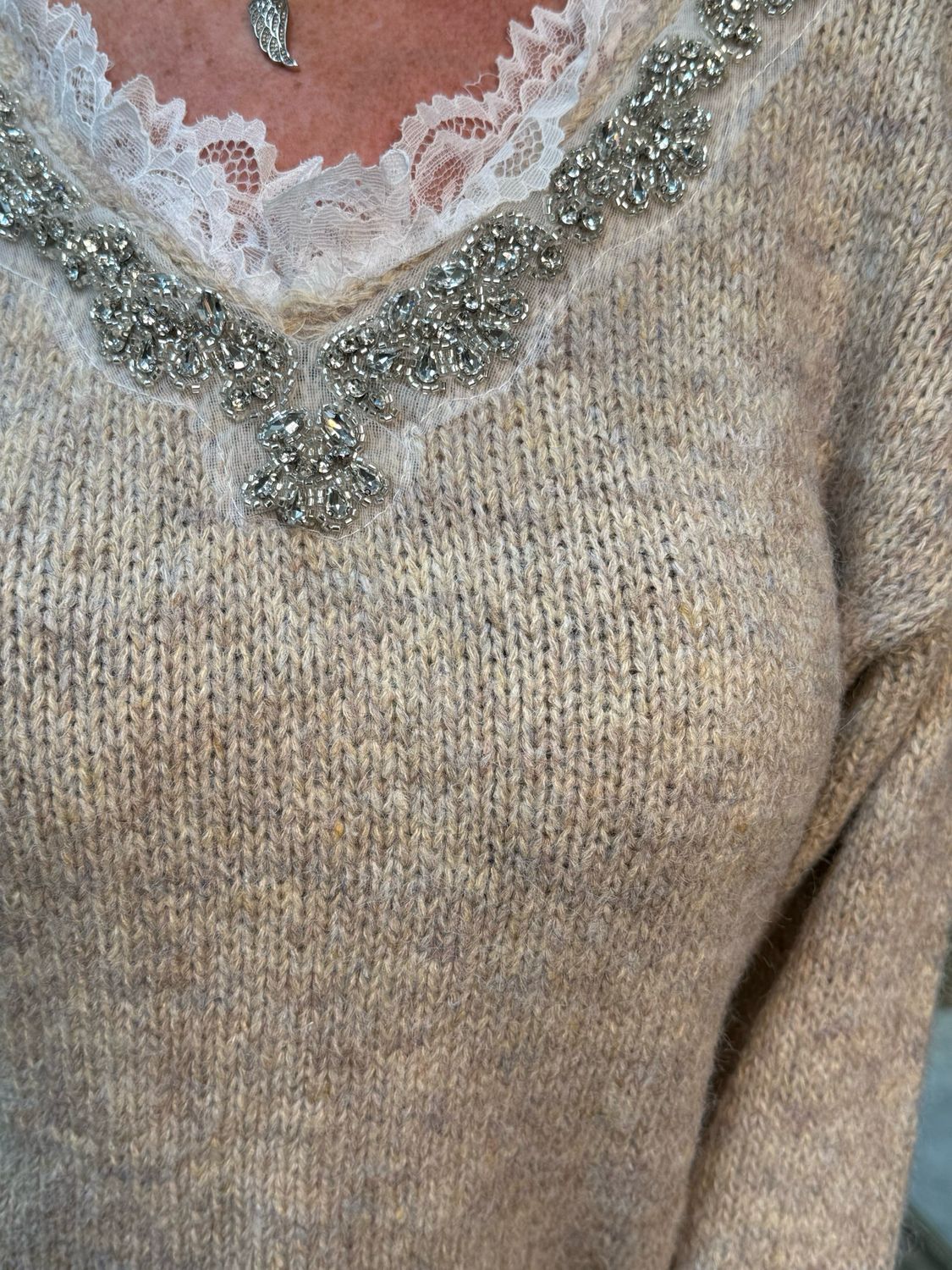 Lace Trim Knit Sweater - Beige