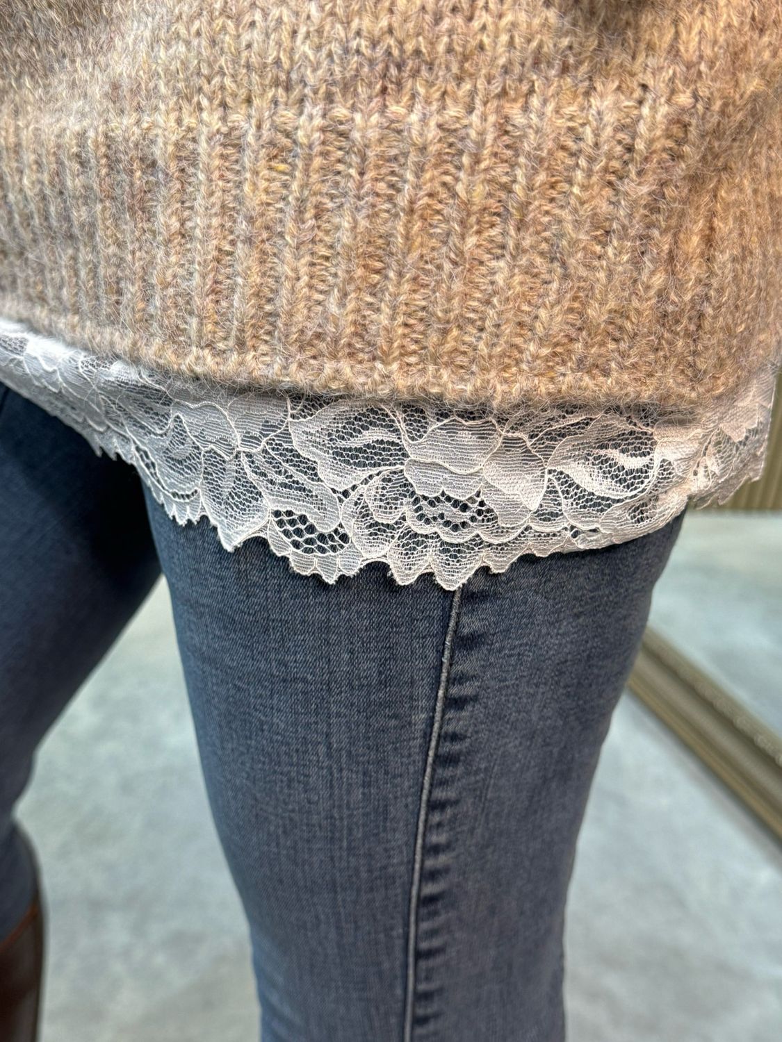 Lace Trim Knit Sweater - Beige