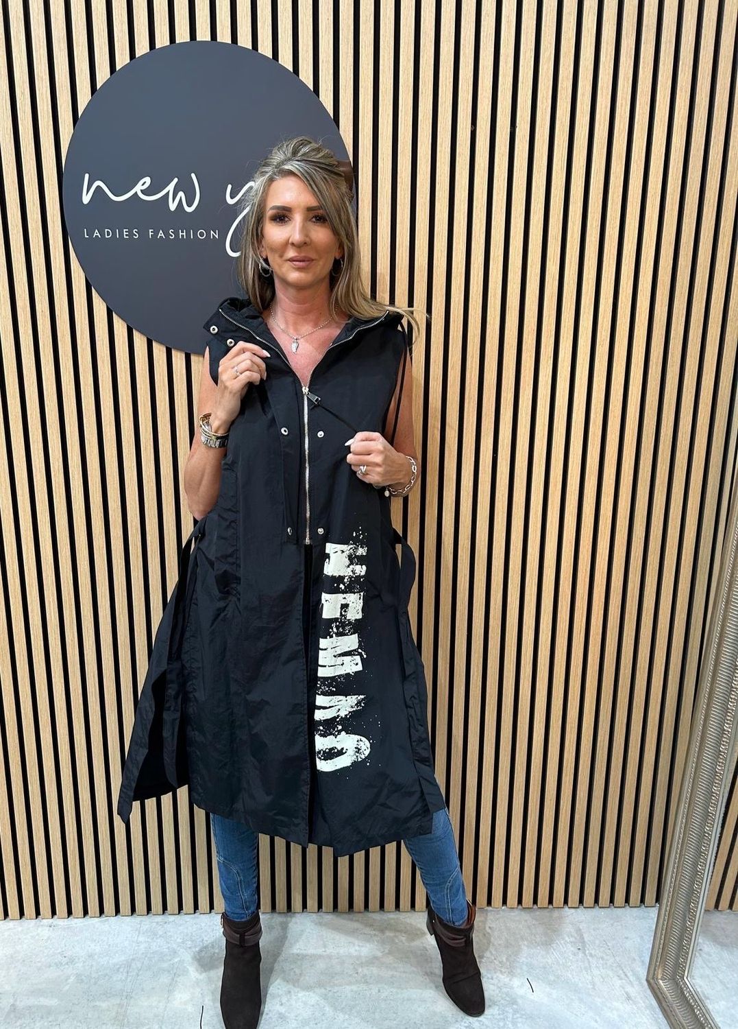 Sleeveless Hooded Longline Coat - Black