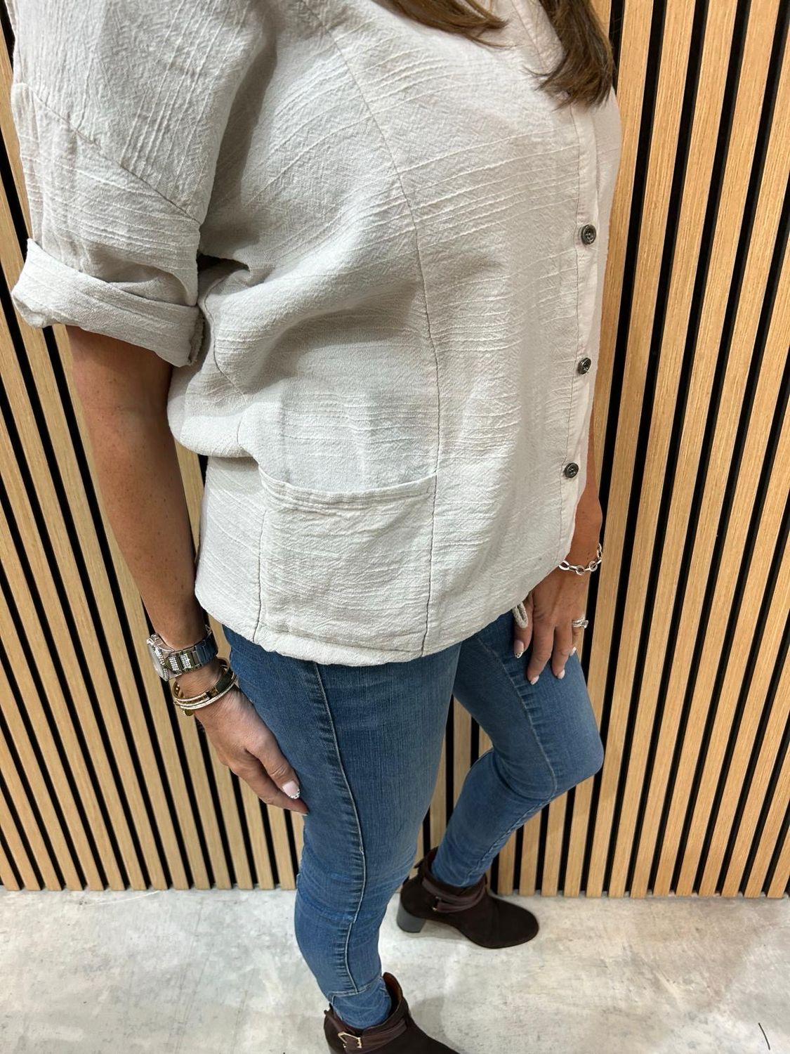 Linen Blend Button Shite - Cream