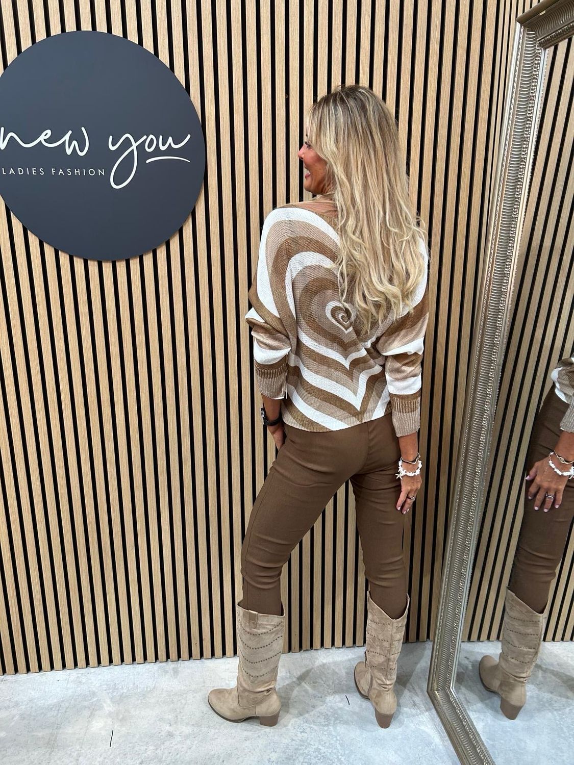 Heart Print Knit Top - Beige