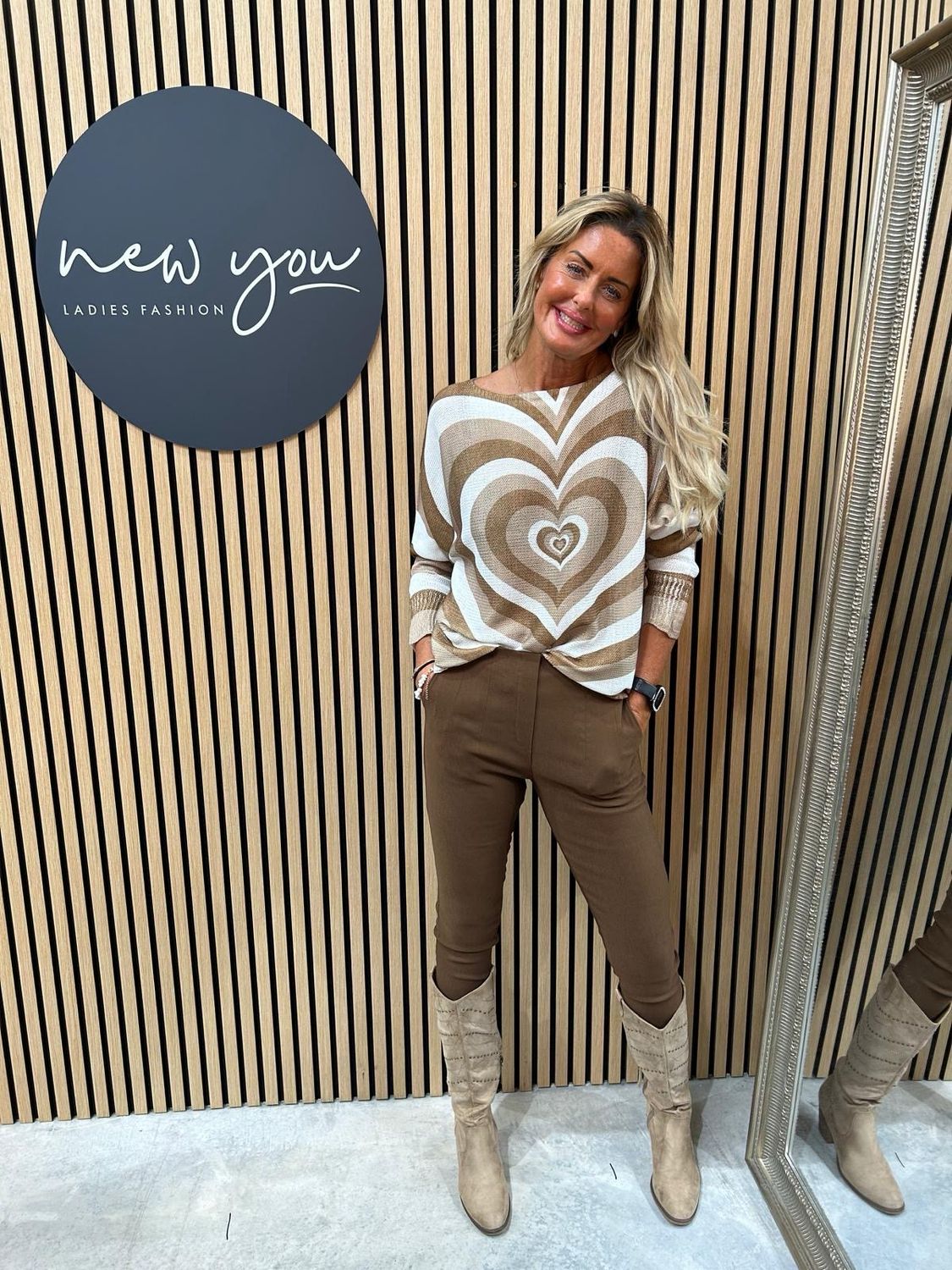 Heart Print Knit Top - Beige