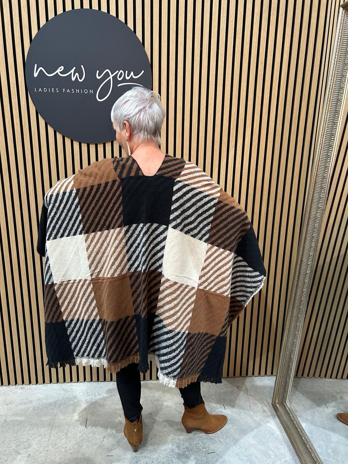 Stripe Poncho - Beige/Cream/Black