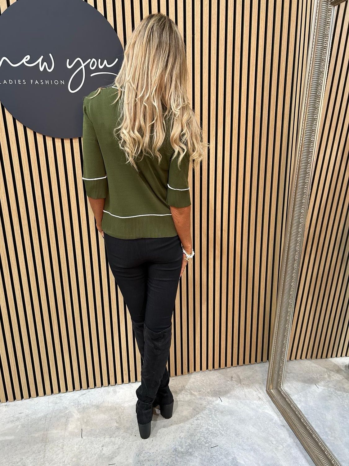 Contrast Trim Knit Top - Khaki
