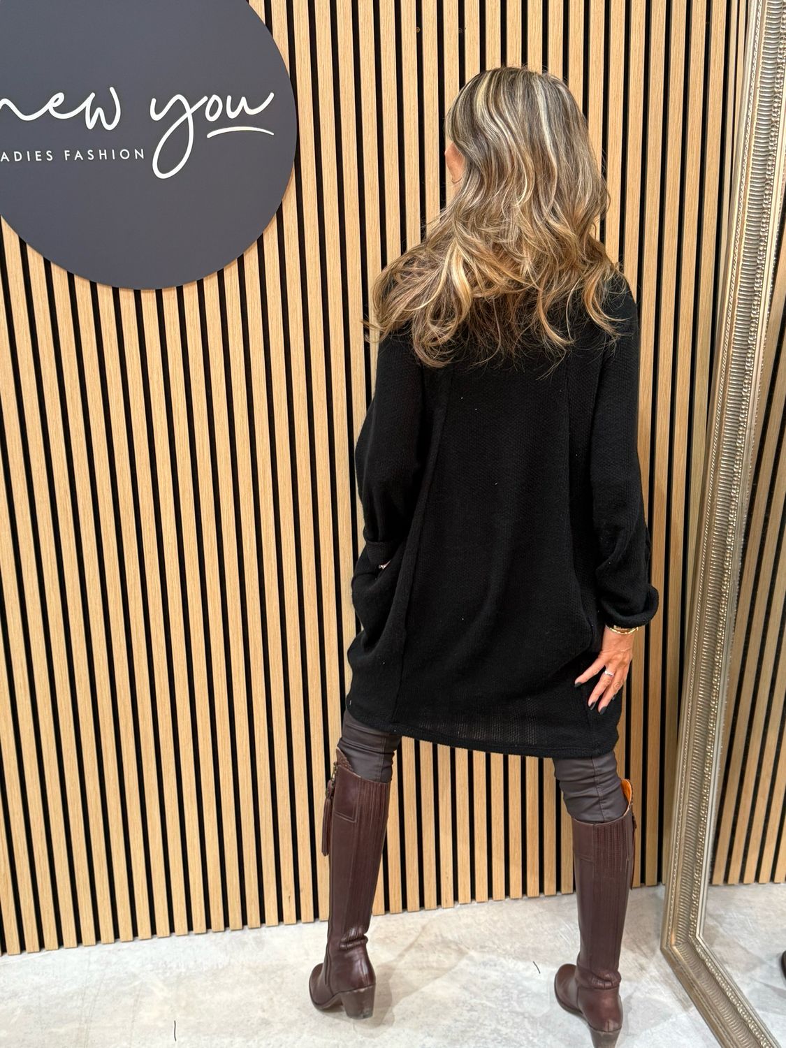 Cowl Neck Tunic Jumper Dress - Black