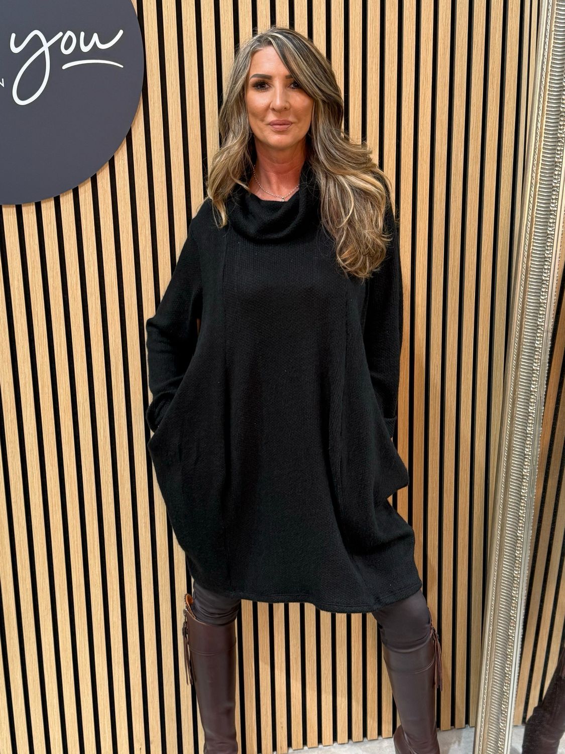 Cowl Neck Tunic Jumper Dress - Black