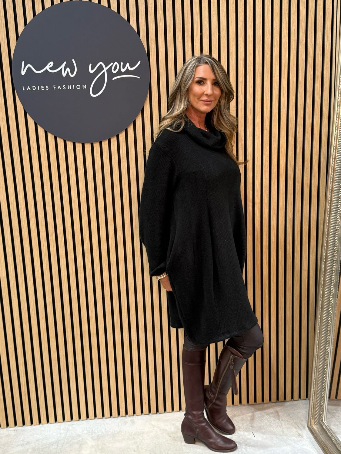 Cowl Neck Tunic Jumper Dress - Black