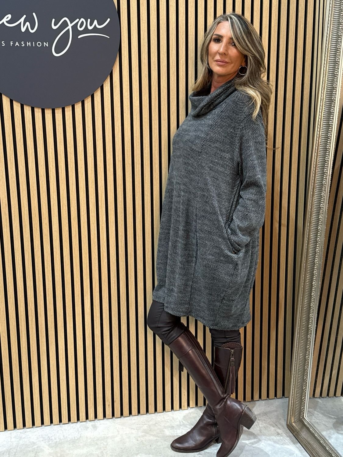Cowl Neck Tunic Jumper Dress - Grey