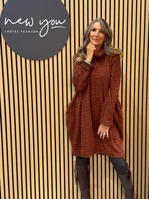 Cowl Neck Tunic Jumper Dress - Rust