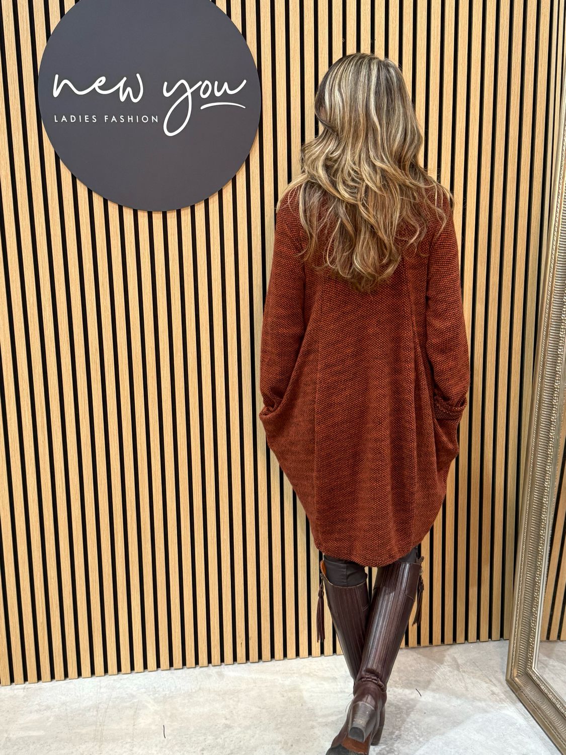 Cowl Neck Tunic Jumper Dress - Rust