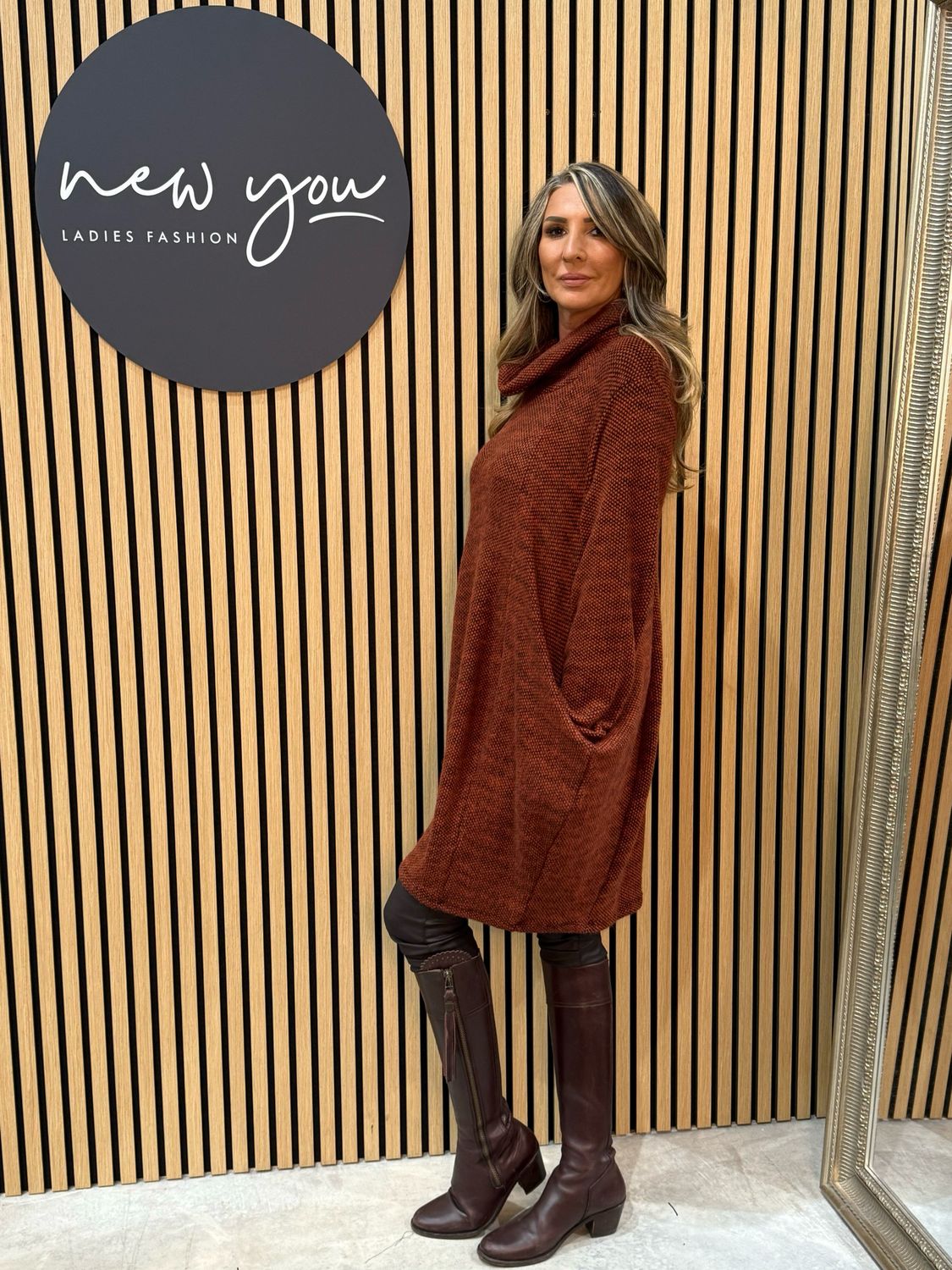 Cowl Neck Tunic Jumper Dress - Rust