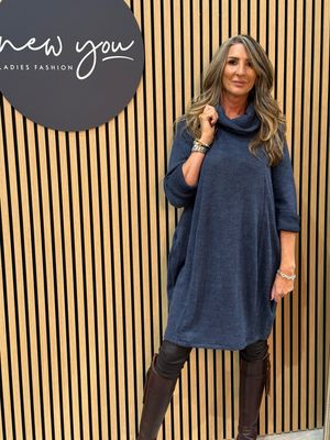 Cowl Neck Tunic Jumper Dress - Navy