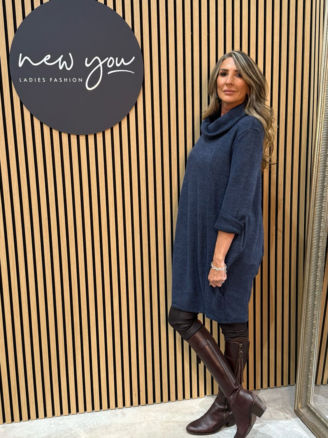 Cowl Neck Tunic Jumper Dress - Navy