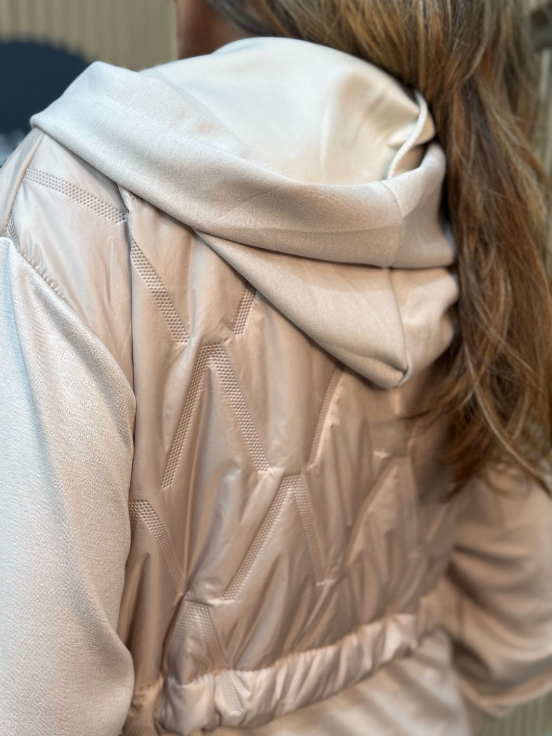 Hooded Contrast Panel Zip Jacket - Beige