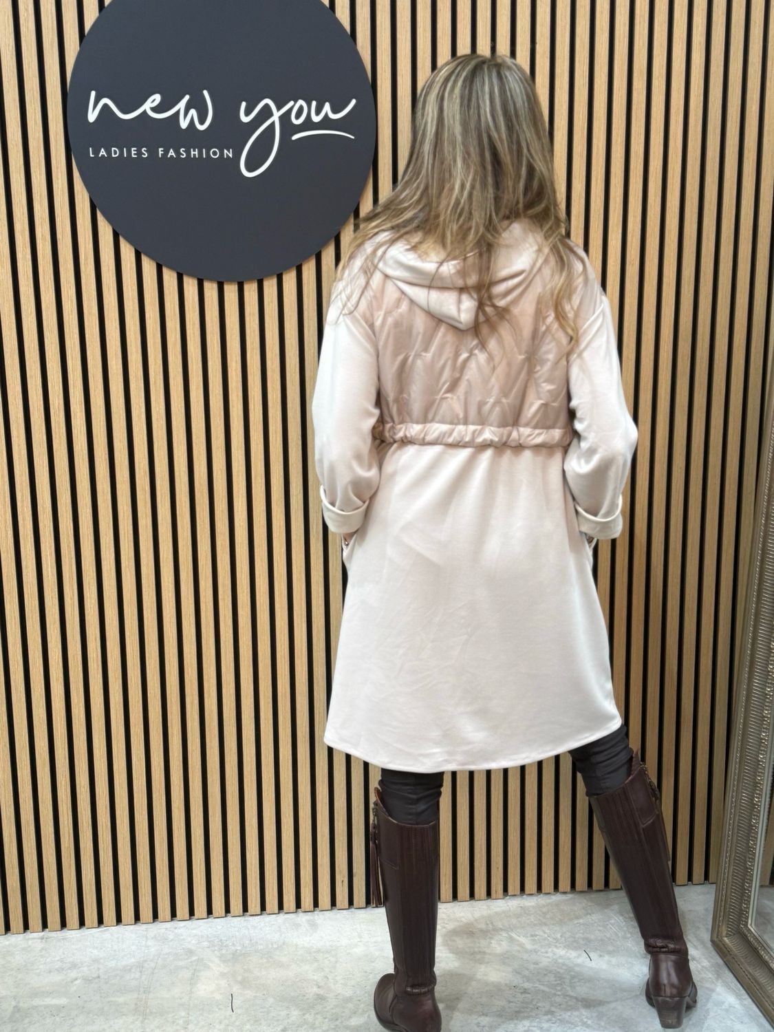 Hooded Contrast Panel Zip Jacket - Beige