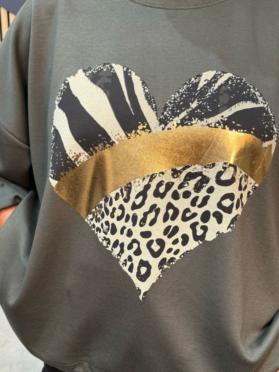 Animal Heart Print Jumper - Khaki
