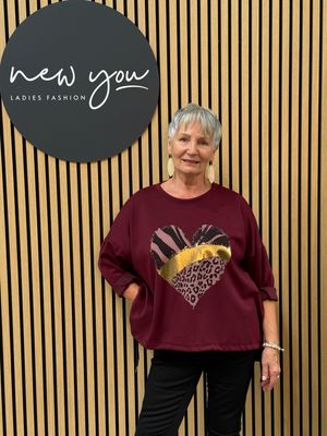 Animal Heart Print Jumper - Burgundy