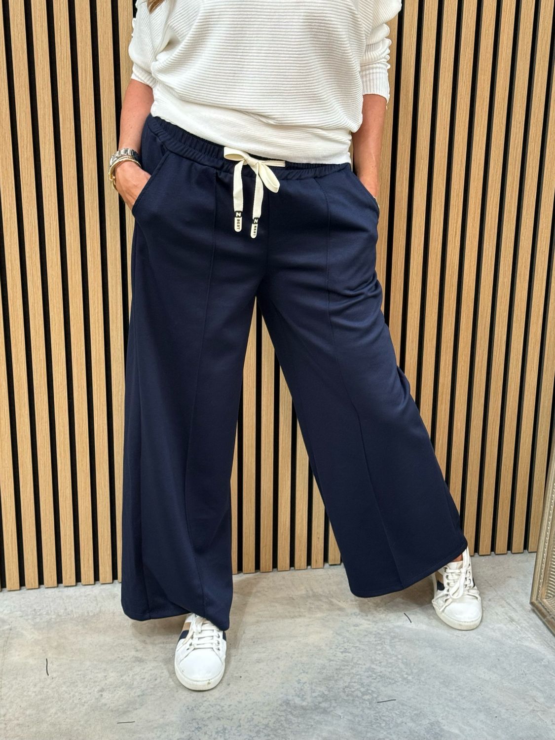 Wide Leg Draw String Trousers - Navy