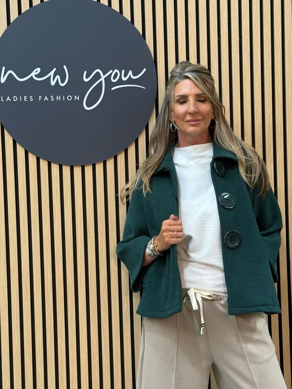 Button Front Cropped Jacket - Forest Green