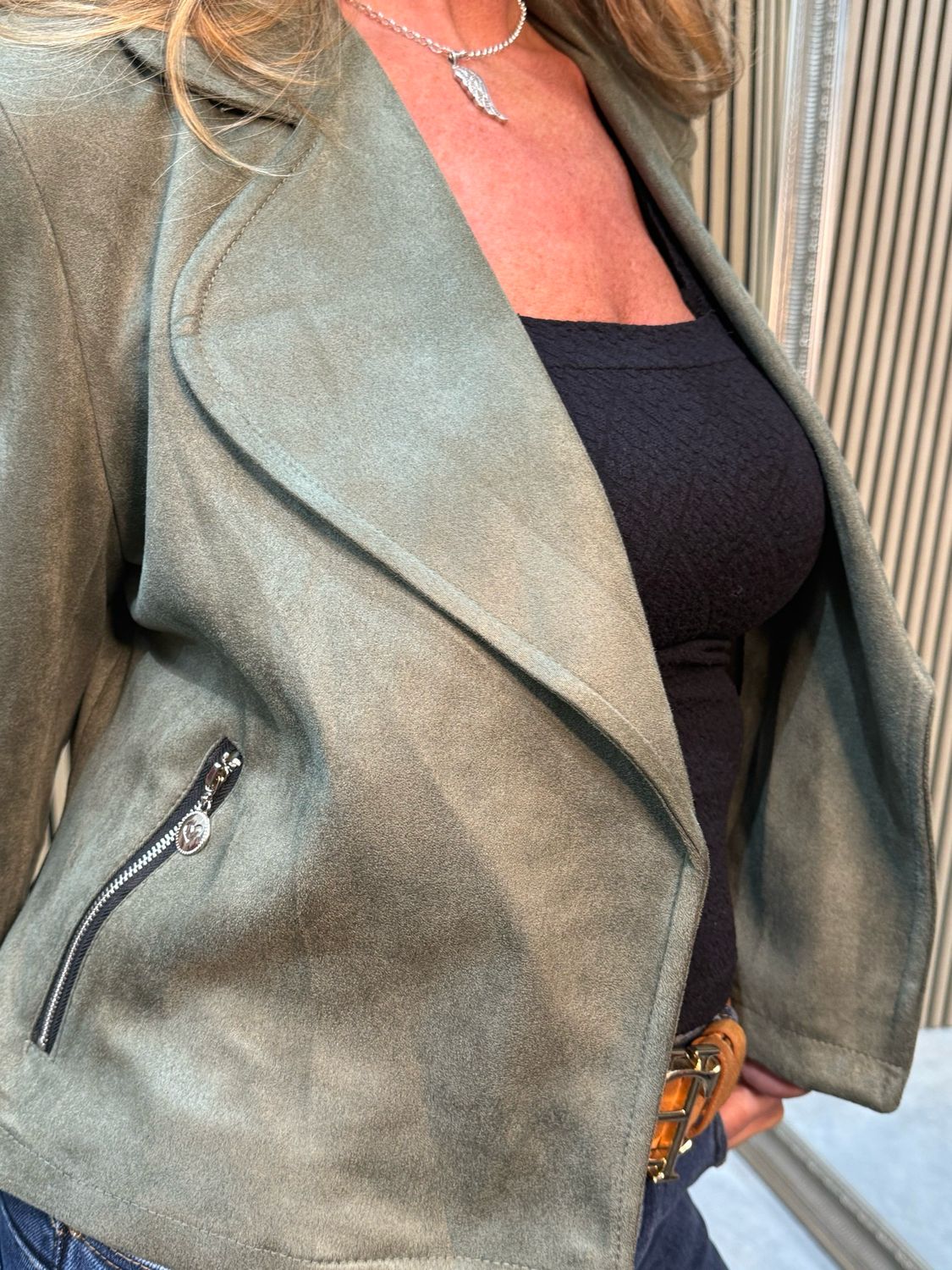 Cropped Suede Effect Biker Jacket - Khaki