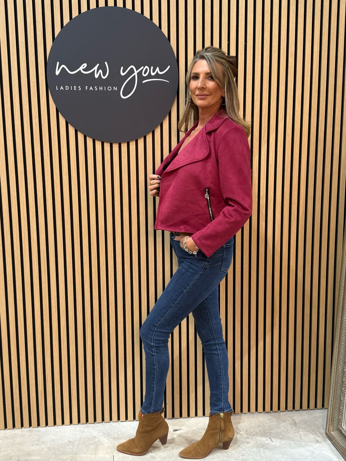 Cropped Suede Effect Biker Jacket - Burgundy