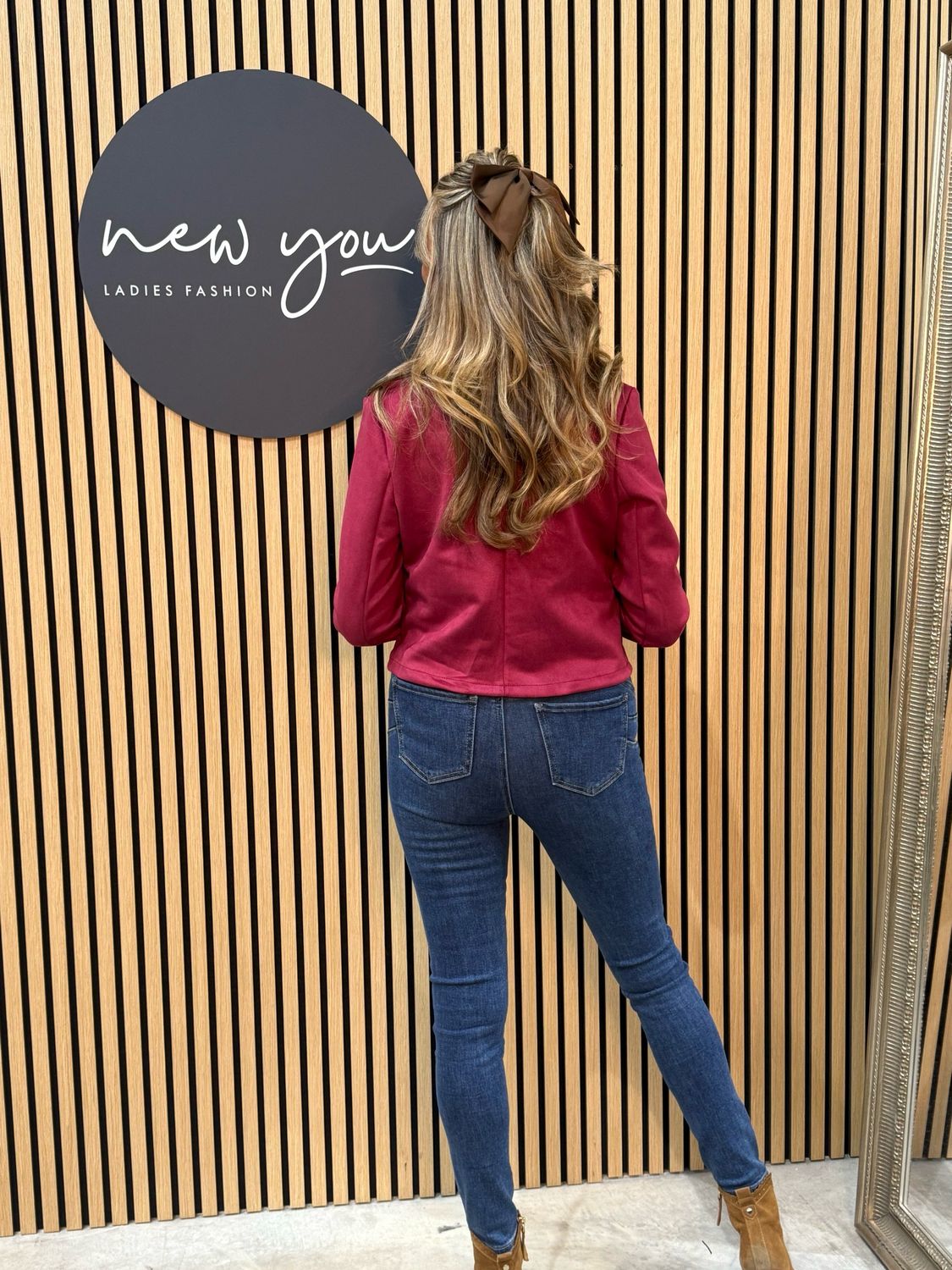 Cropped Suede Effect Biker Jacket - Burgundy