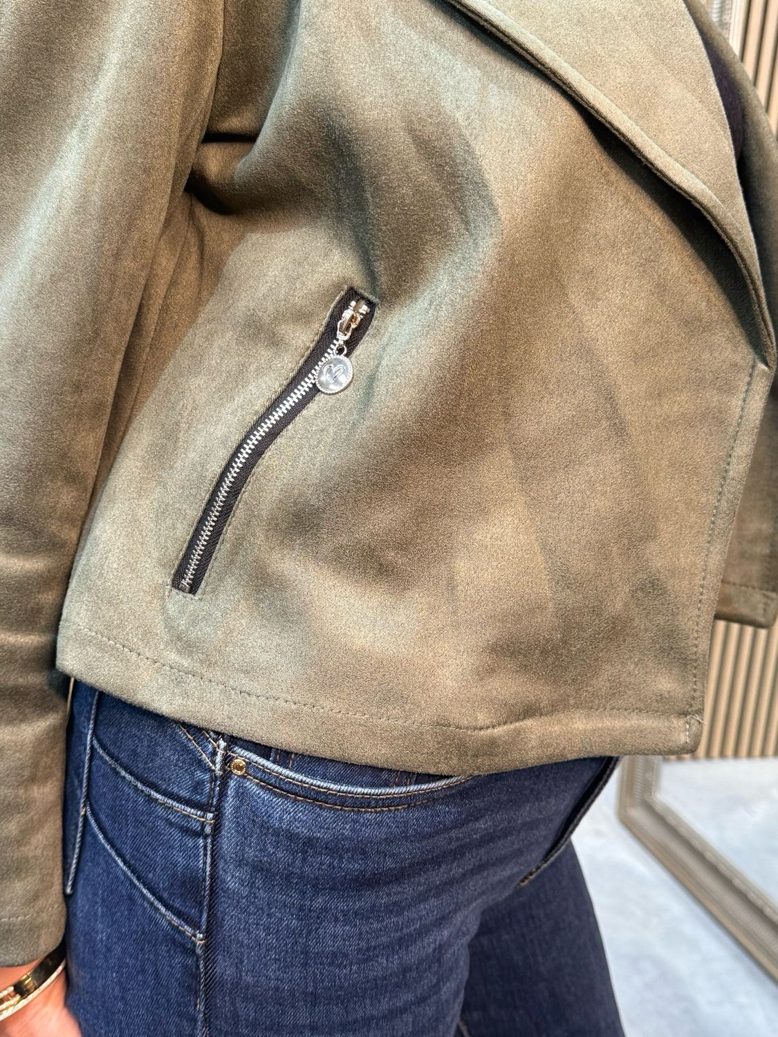 Cropped Suede Effect Biker Jacket - Khaki