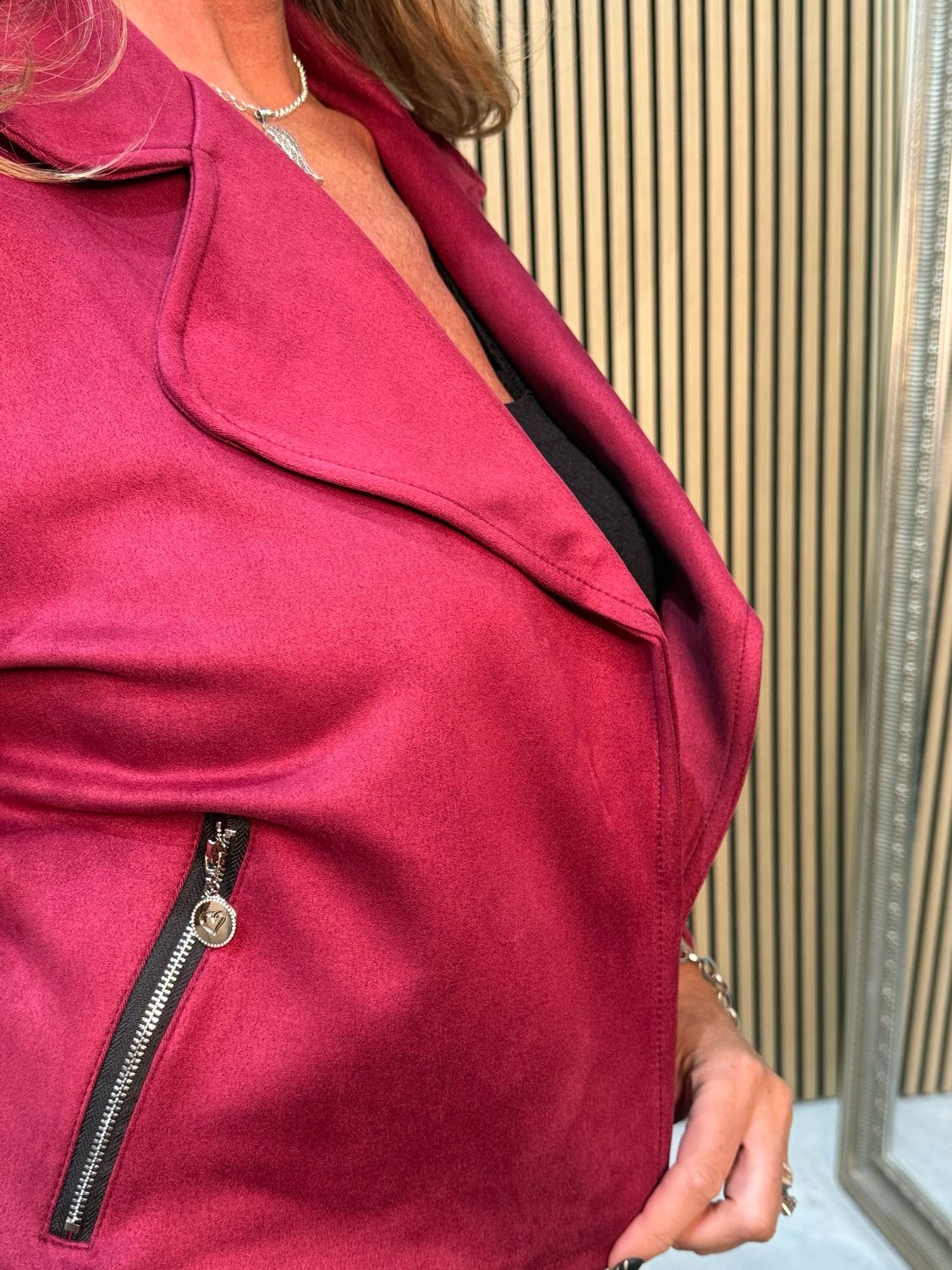 Cropped Suede Effect Biker Jacket - Burgundy