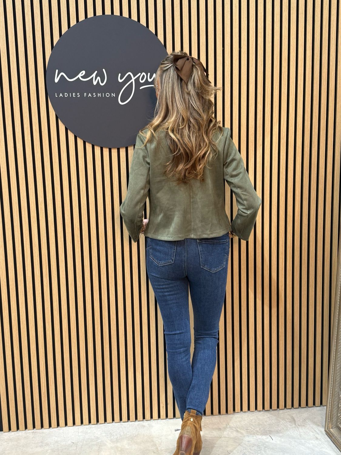 Cropped Suede Effect Biker Jacket - Khaki