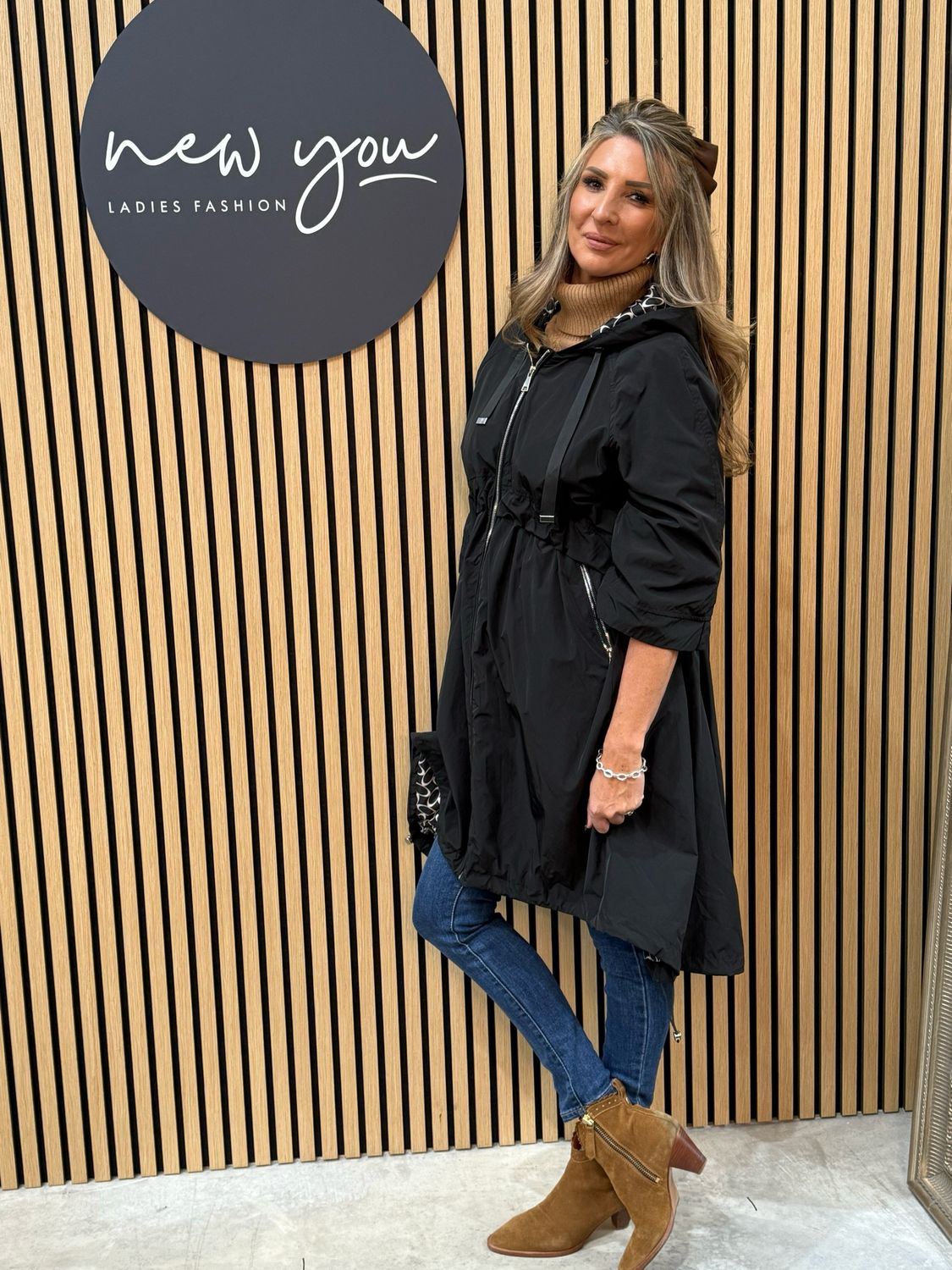 Drawstring Waist Hooded Coat - Black
