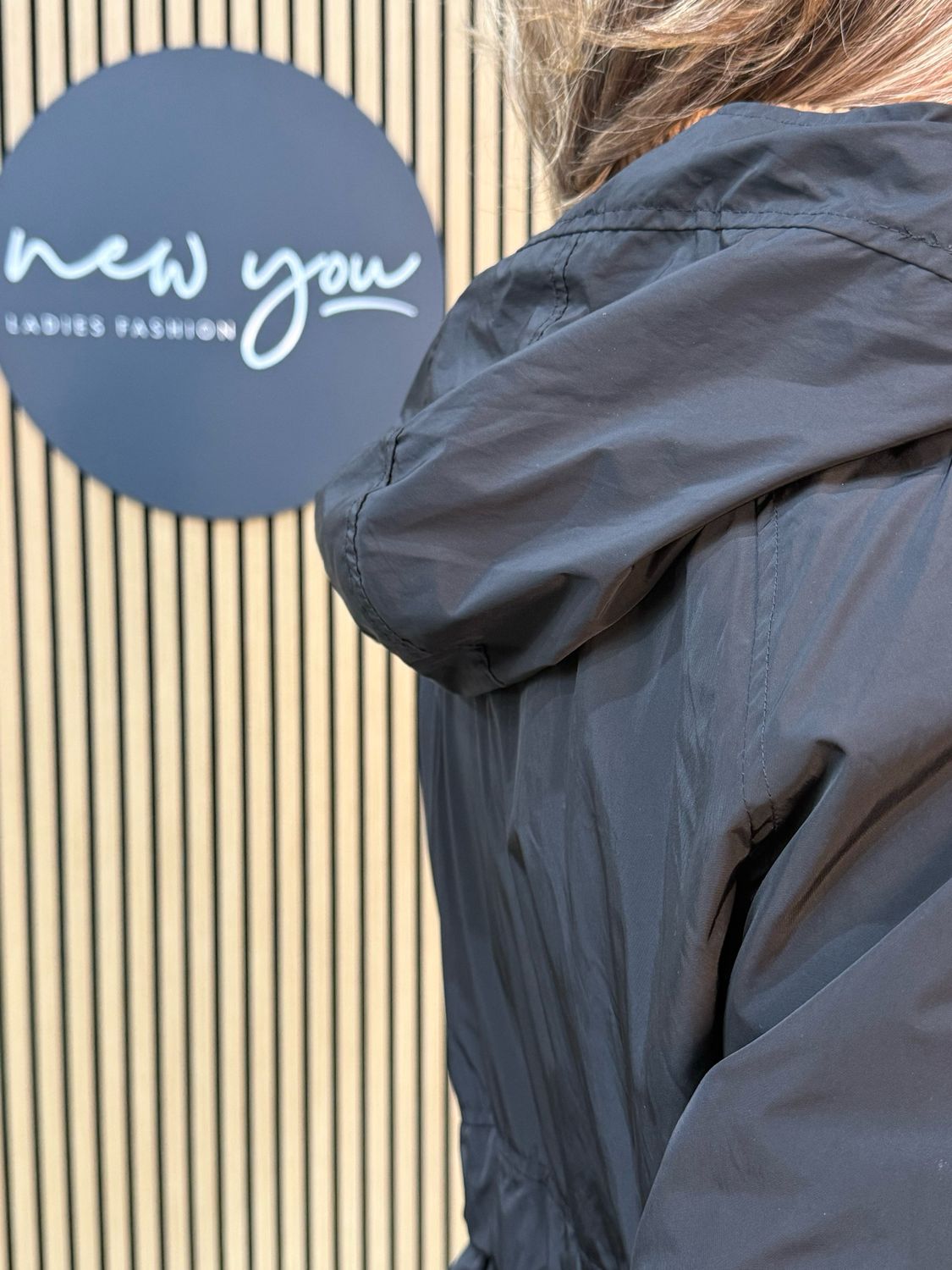 Drawstring Waist Hooded Coat - Black