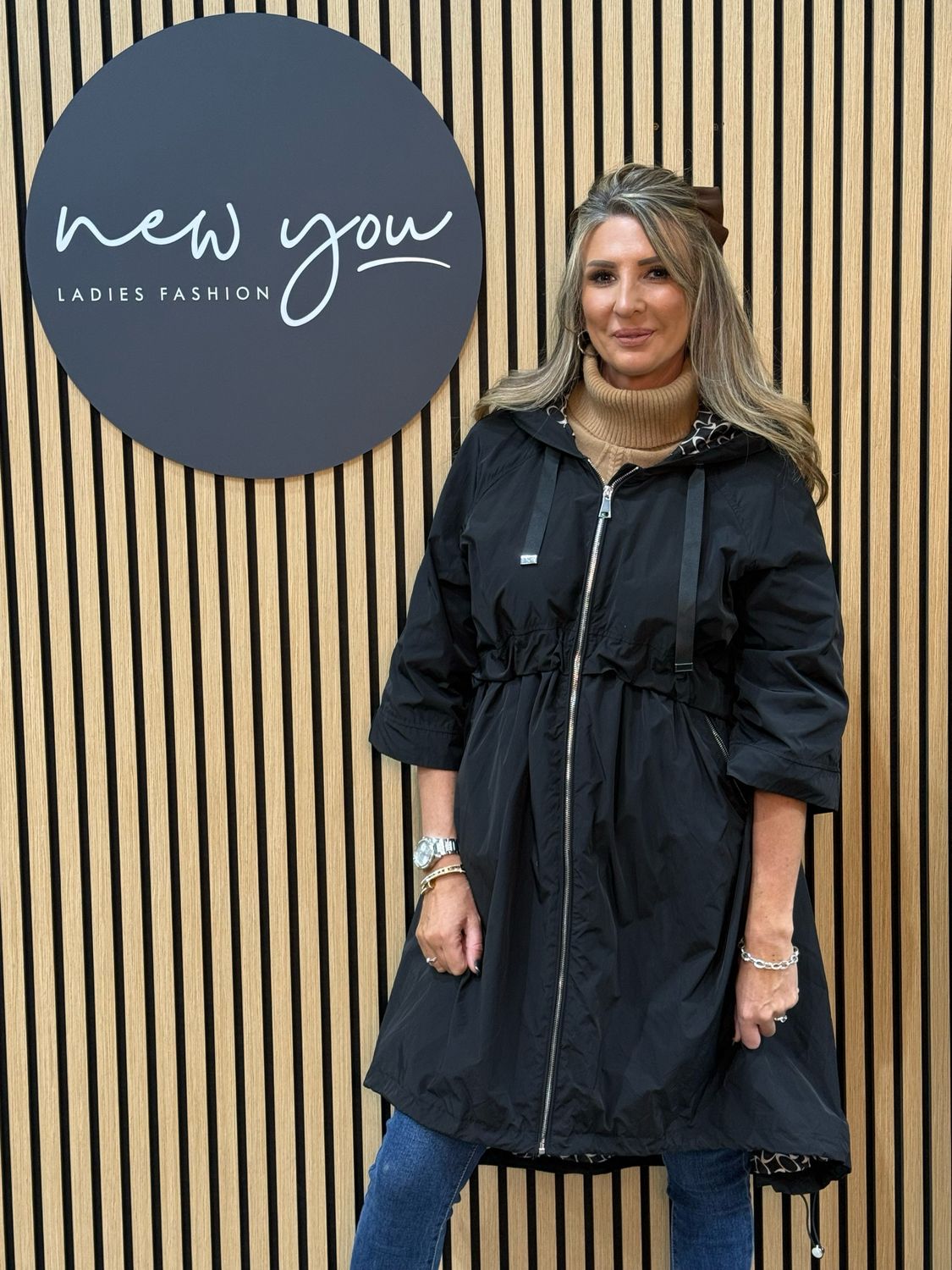 Drawstring Waist Hooded Coat - Black