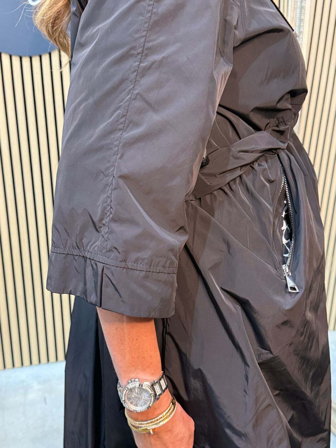 Drawstring Waist Hooded Coat - Black