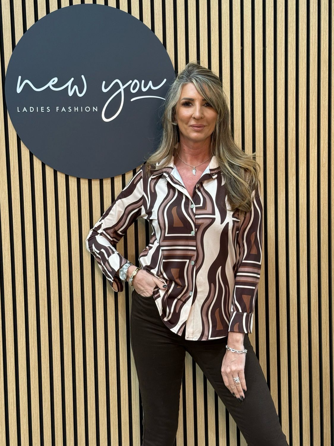 Geometric Print Satin Shirt - Brown/cream