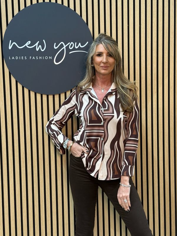 Geometric Print Satin Shirt - Brown/cream