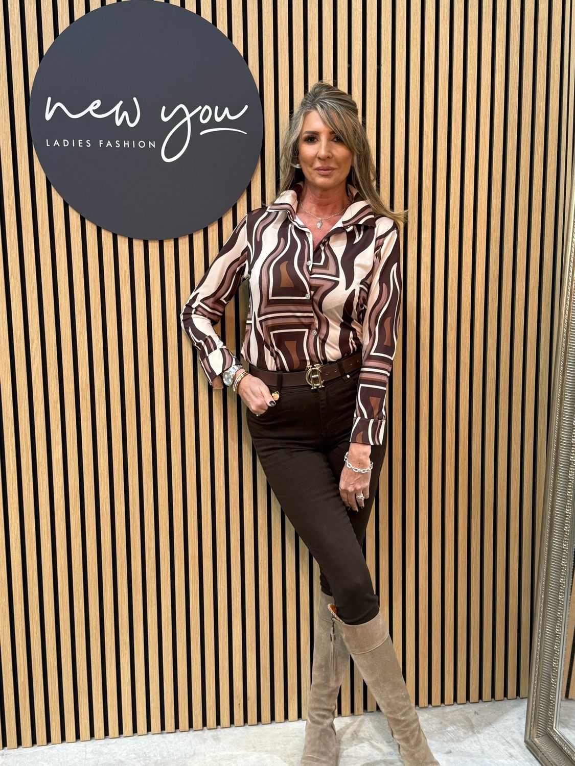 Geometric Print Satin Shirt - Brown/cream