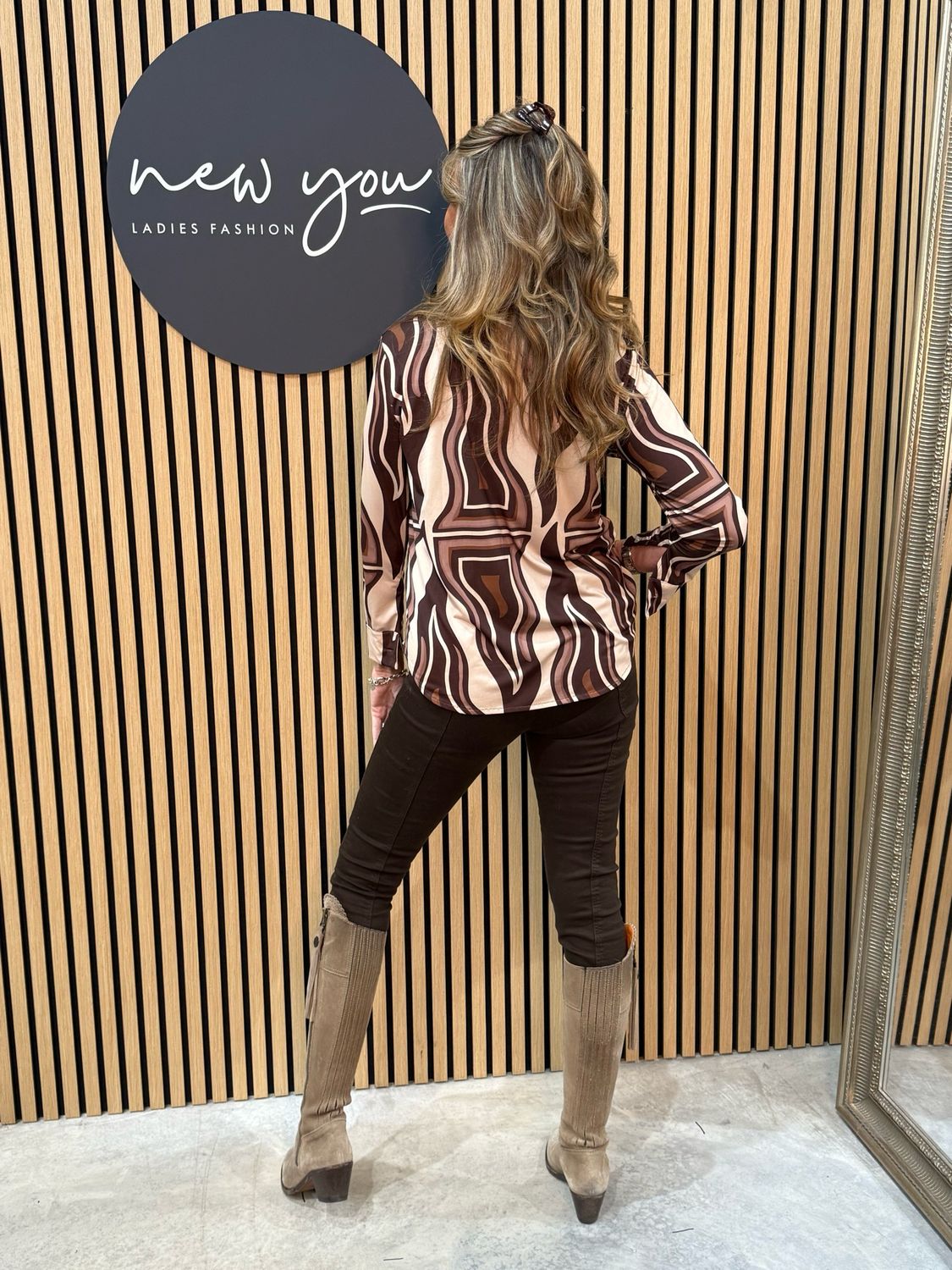 Geometric Print Satin Shirt - Brown/cream