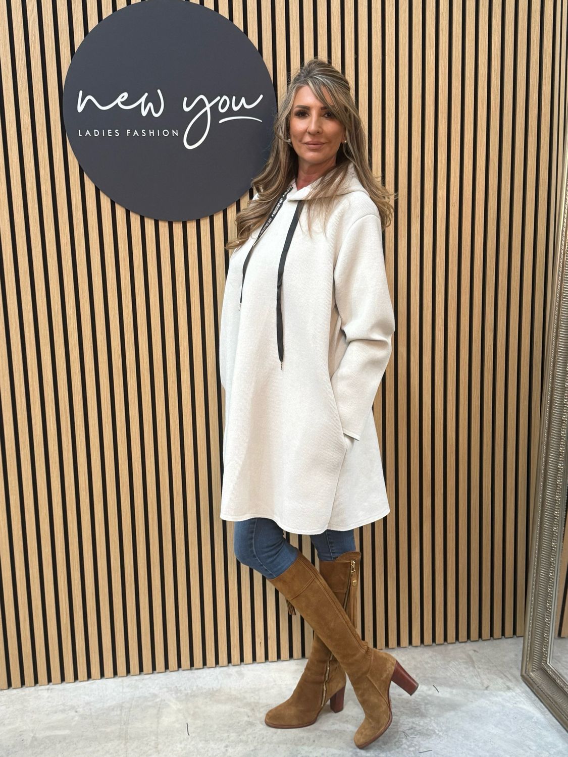 Oversize Hooded Sweatshirt Dress - Cream