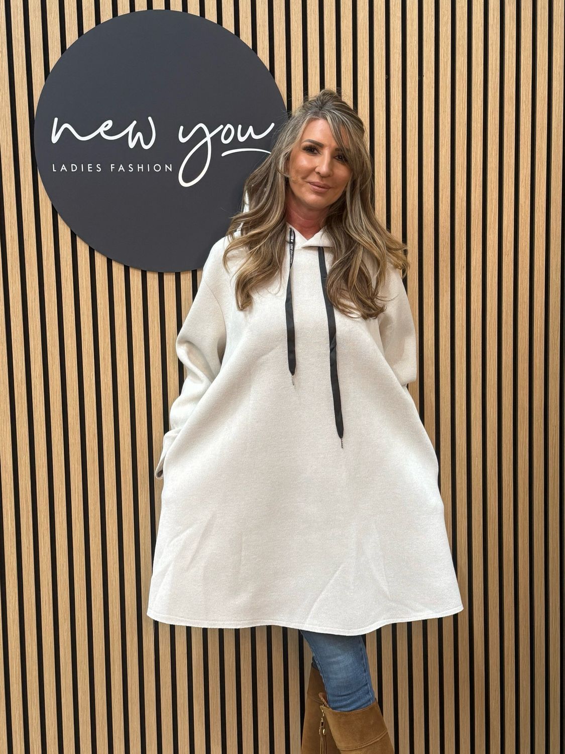 Oversize Hooded Sweatshirt Dress - Cream