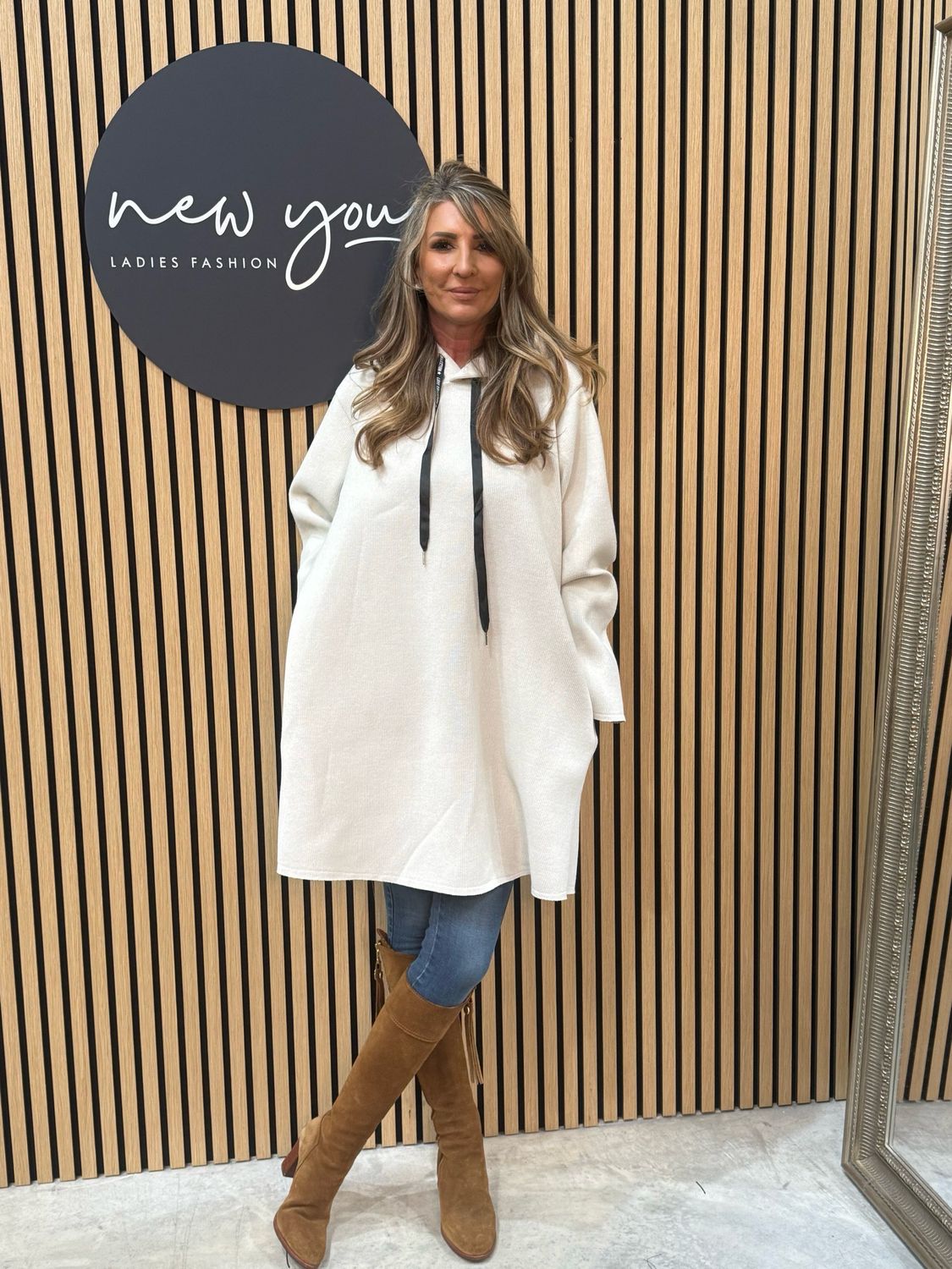 Oversize Hooded Sweatshirt Dress - Cream